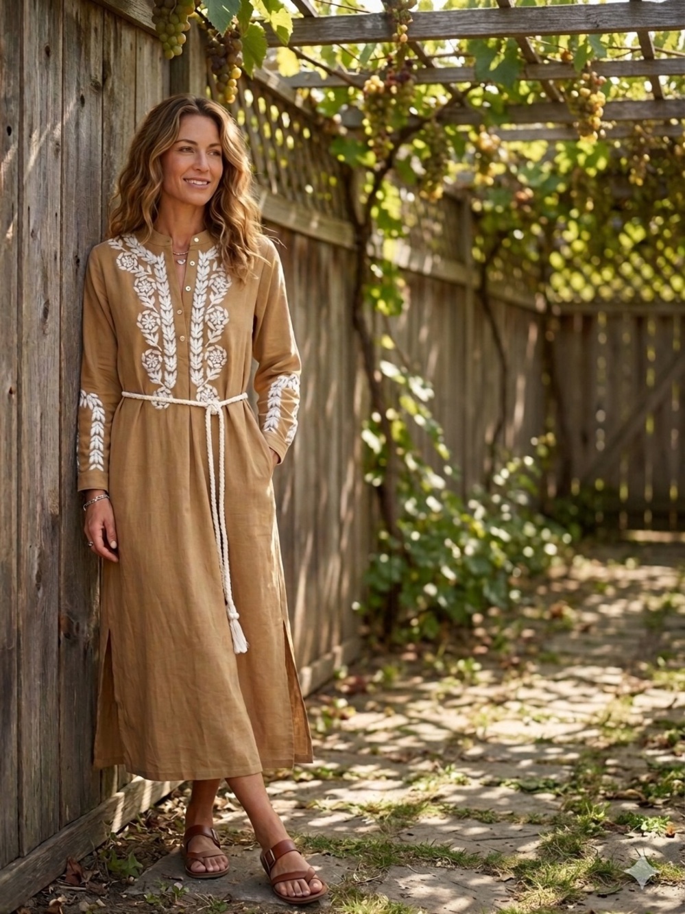 NWT Ex Voto Tan Embroidered Cotton Maxi Dress Size S - Bohemian Resort Wear